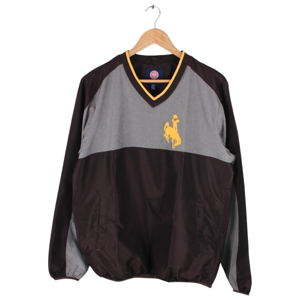 Wyoming Cowboys Pullover Windbreaker Jacket Brown Gray V Neck Size Small